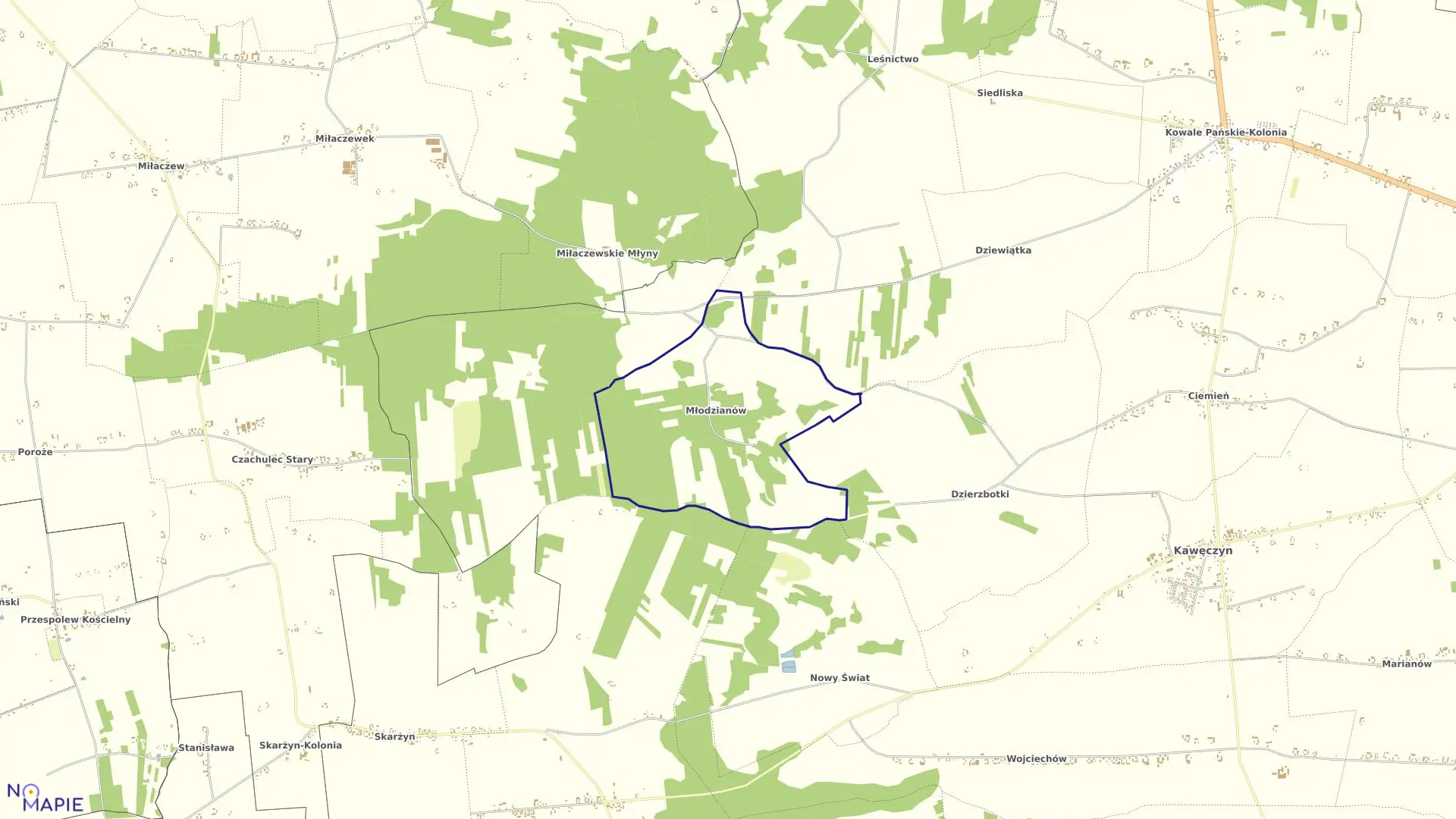 Mapa obrębu Młodzianów w gminie Kawęczyn